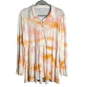 New Directions Yellow Pink Dip Dye Buttoned Tiered Top Large